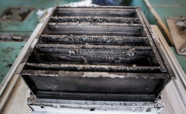Air duct pieces before sanitization and dust removal