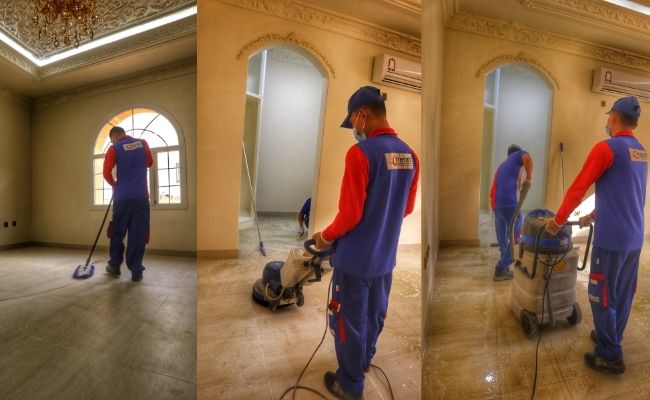 Villa floor deep cleaning with scrubbing machine in Qatar