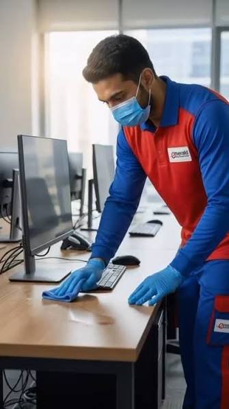 Office desk sanitising by Emerald cleaner in Doha